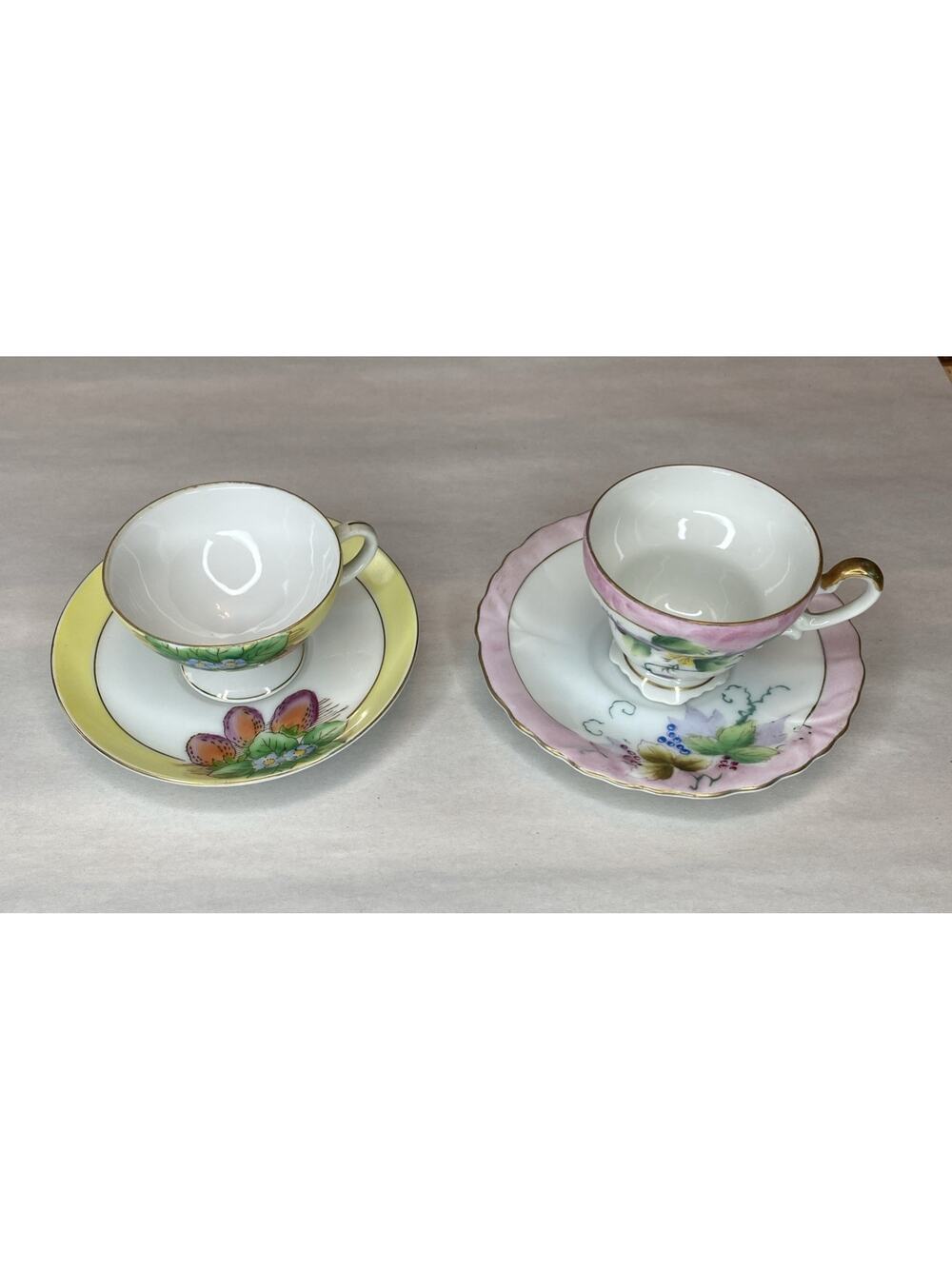 Fern Japan Hand Painted Tea Cup & Saucer Set Of 2 Strawberries Floral 4 PCs
